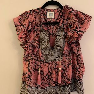 Bell - double ruffle sleeve top with split next line and tassel- Medium